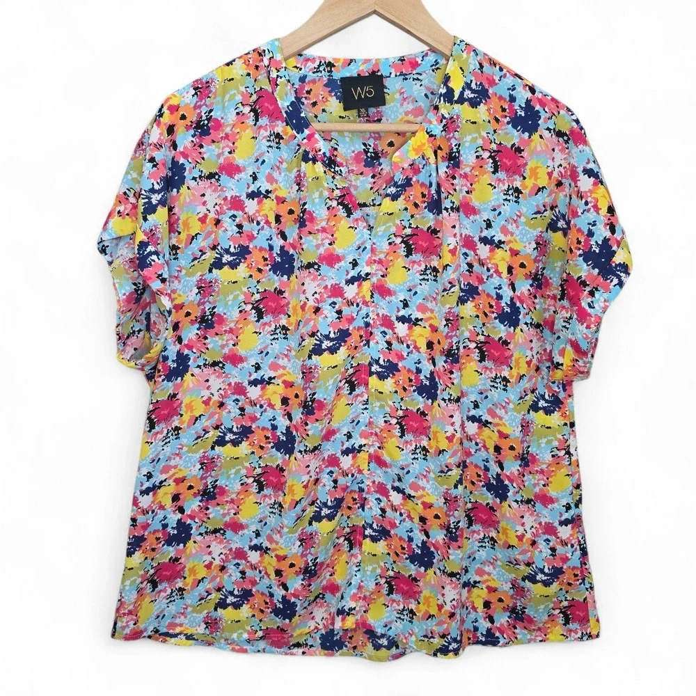 W5 Anthropologie Top Womens XL Pink Blue Printed V Neck Sheer Blouse Casual